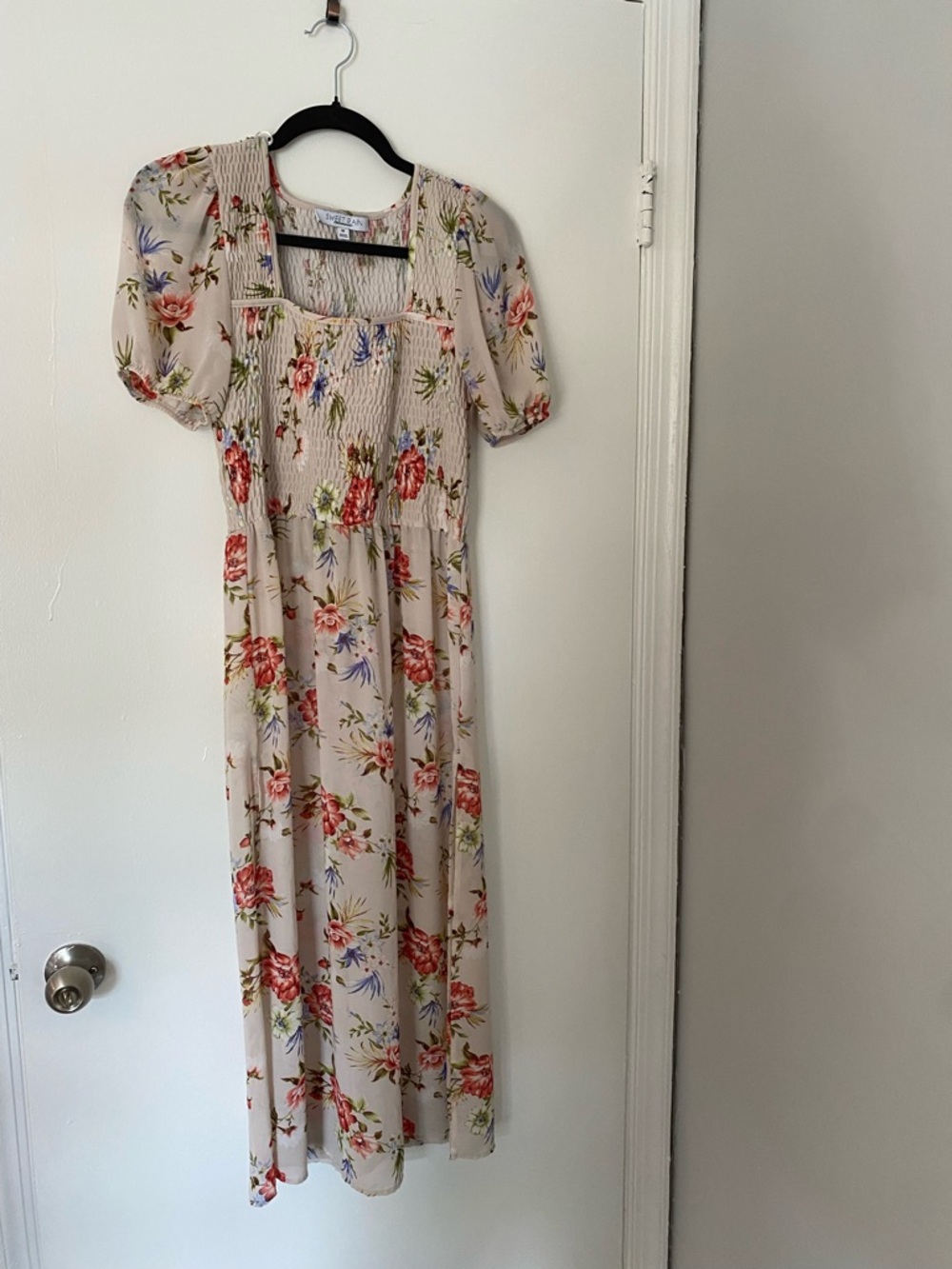Sweet Rain Cream Floral Maxi Dress with Red & Blue Blooms